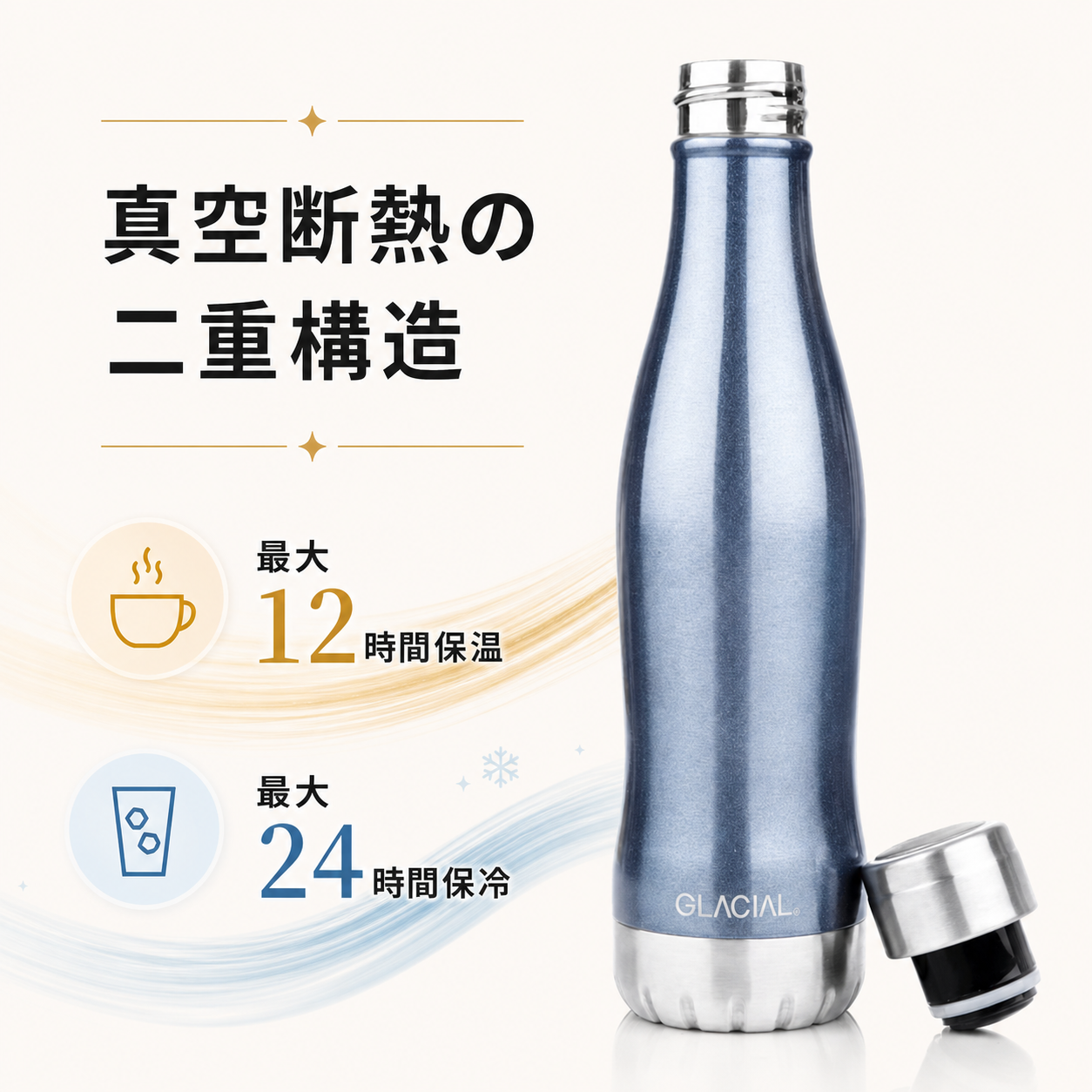 GLACIAL 真空断熱ステンレスボトル 400ml｜ブルーメタリック
